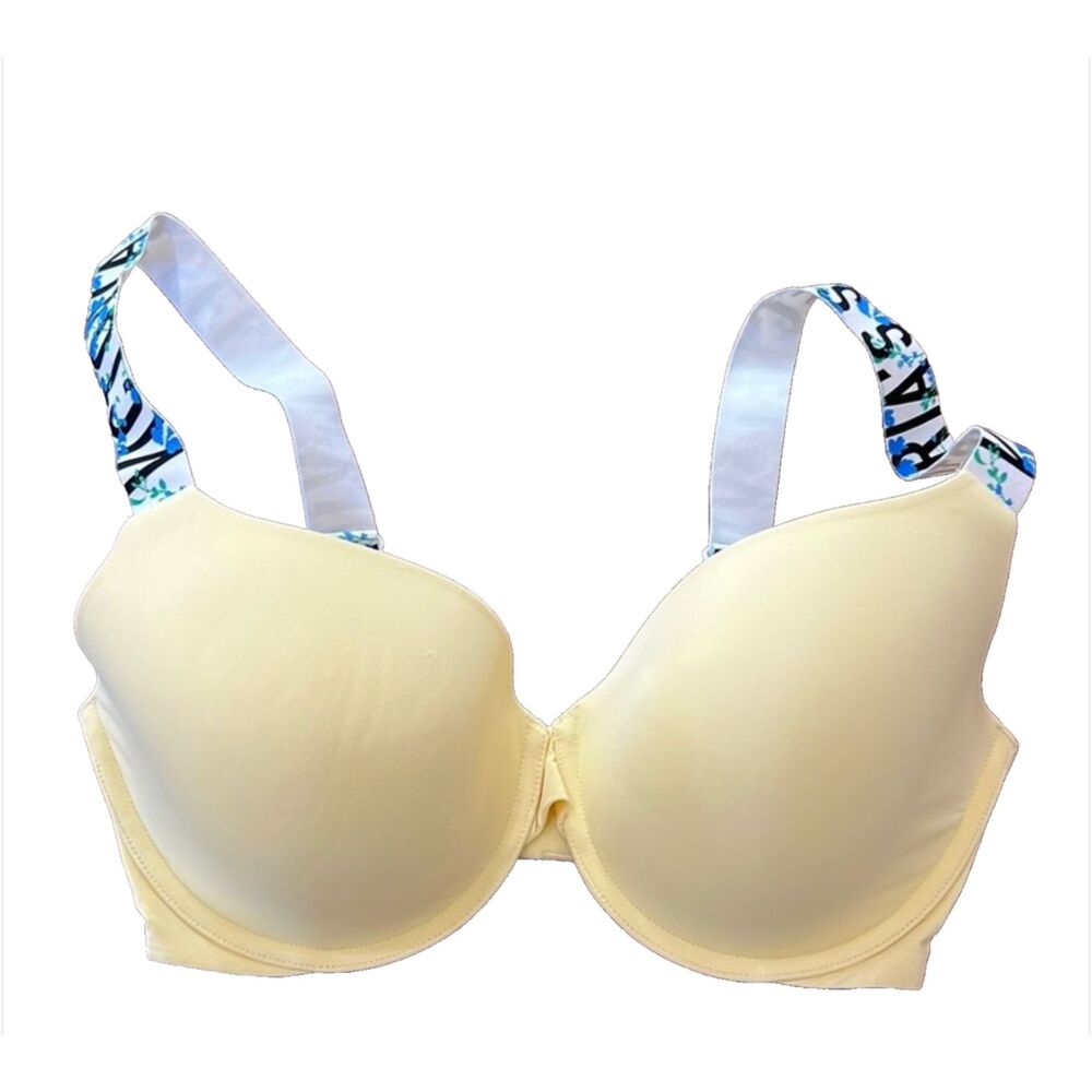 Victoria’s Secret Lightly Lined Demi Bra Sz 34DD Butter Yellow Logo Floral Strap